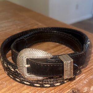 Vintage Genuine Leather Western Braided Woven Belt Silvertone Hardware Cowboy